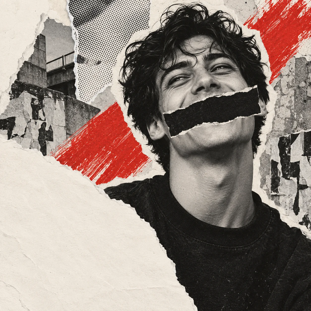 A laughing face playfully censored in a collage of torn paper, halftone print and red paint.